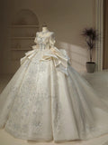 Unique Ball Gown High Neckline Sequin Lace Long White Wedding Dresses HZ1024