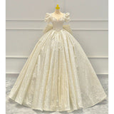 Timeless Ball Gown Sweetheart Long Puffy Sleeves Sequin Wedding Dresses With Bowknot HZ1024