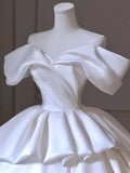 Timeless Ball Gown Off The Shoulder Satin Long White Wedding Dresses With Ruffles HZ1024