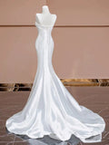 Timeless Mermaid Strapless Satin Long White Wedding Dresses With Buttons HZ1024