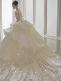 Luxury Ball Gown Short Sleeves Sequin Wedding Dress HZ1024