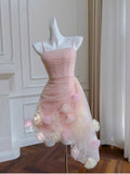 Cute Sheath Spaghetti Straps Pink Short Tulle Homecoming Dresses Cocktail Dress HZ1024