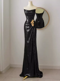 Sexy Mermaid Strapless Black Sequin Long Prom Dresses HZ1024