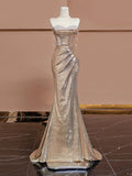 Elegant Mermaid Sweetheart Champagne Sequin Long Prom Dresses Evening Dress With Beads HZ1024