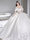 Unique Ball Gown Off The Shoulder Lace Long Wedding Dresses HZ1024
