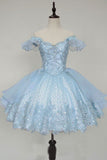 Cute Ball Gown Off The Shoulder Lace Light Sky Blue Homecoming Dress Short Birthday Outfit HZ1024