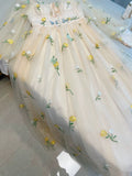 Elegant A Line Square Neckline Yellow Floral Lace Prom Dress Evening Dresses HZ1024