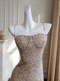 Pretty Sheath Spaghetti Straps Champagne Sequin Prom Dress Formal Dresses HZ1024