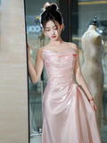 Modest Mermaid Strapless Shiny Satin Pink Long Prom Dresses HZ1024