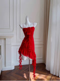 Modest Sheath Spaghetti Straps Red Chiffon Ruffled Short Homecoming Dresses Birthday Outfits HZ1024