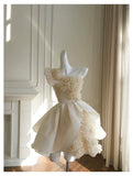 Pretty Ball Gown Straps Champagne Satin Flowers Homecoming Dresses Birthday Outfits With Bow HZ1024