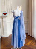 Modest A line Spaghetti Straps Blue Chiffon Prom Dress Formal Dresses HZ1024