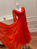 Sexy A line Long Sleeves Red Ankle Length Prom Dress Formal Dresses With Ruffles HZ1024