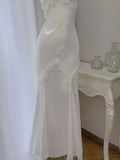 Simple Sheath Spaghetti Straps Ivory Long Prom Dress Formal Dresses With Pearls HZ1024