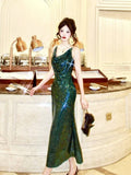 Modest Sheath Spaghetti Straps Sequin Green Prom Dress Evening Dresses HZ1024