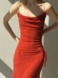 Modest Sheath Spaghetti Straps Red Sequin Prom Dresses Ruffles Evening Dress HZ1024