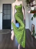 Pretty Sheath Spaghetti Straps Green Sequin Prom Dresses Sexy Evening Dress HZ1024