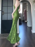 Pretty Sheath Spaghetti Straps Green Sequin Prom Dresses Sexy Evening Dress HZ1024