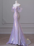Sexy Mermaid Off The Shoulder Light Lilac Long Prom Dresses Tulle Birthday Outfits HZ1024
