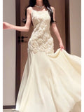 Pretty Mermaid Spaghetti Straps White Floral Lace Long Prom Dresses HZ1024