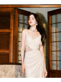 Pretty Mermaid Spaghetti Straps Ivory Lace Slit Prom Dresses HZ1024
