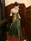 Pretty Sheath Spaghetti Straps Green Ruffles Long Prom Dresses HZ1024