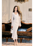 Pretty Sheath V Neckline Long Sleeves White Floral Lace Long Prom Dresses HZ1024