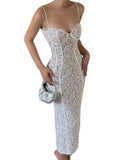 Sexy Sheath Spaghetti Straps White Lace Ankle Length Prom Dresses Evening Dress HZ1024