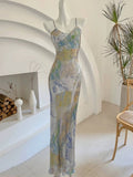French Sheath Spaghetti Straps Floral Long Prom Dresses Evening Dress HZ1024