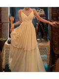 Classy A Line Spaghetti Straps Ivory Chiffon Long Prom Dresses Evening Dress With Layers HZ1024