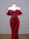 Sexy Mermaid Burgundy Off The Shoulder Long Prom Dresses Velvet Birthday Outfits HZ1024