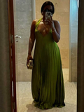 Classy A line Halter Ruffles Floor Length Green Prom Dresses Black Girl Prom Gowns HZ1024