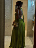 Classy A line Halter Ruffles Floor Length Green Prom Dresses Black Girl Prom Gowns HZ1024