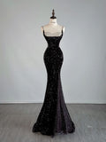 Sexy Mermaid Spaghetti Straps Black Sequin Floor Length Prom Dresses Evening Dress HZ1024