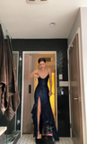 Pretty Sheath Spaghetti Straps Slit Navy Blue Sequin Prom Dresses Evening Dress HZ1024