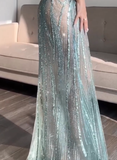 Pretty Mermaid Spaghetti Straps Sequin Green Long Prom Dresses Evening Dress HZ1024