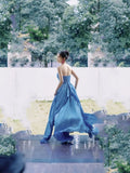 Modest A Line Sweetheart Blue Fold Slit Prom Dresses Long Evening Dress HZ1024