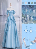 Pretty Ball Gown Off The Shoulder Long Light Blue Satin Floor Length Prom Dresses HZ1024