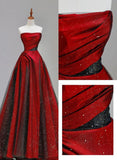 Elegant A line Strapless Red Satin Prom Dresses With Black Tulle Long Evening Dress HZ1024