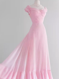 Vintage A line Pink Long Prom Dresses HZ1024