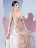 Pretty Mermaid Sweetheart Pink Sequin Prom Dresses With Ruffle Long Evening Dress HZ1024