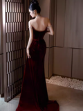 Vintage Mermaid Burgundy Velvet Long Prom Dresses HZ1024
