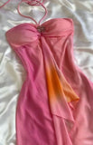Gorgeous High Low Halter Ombre Pink Chiffon Prom Dresses Evening Dress HZ1024