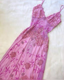 Vintage A Line Spaghetti Straps Pink Lace Floor Length Prom Dresses Beads Evening Dress HZ1024