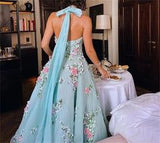 Halter Neck Flowers Embroidered Chiffon Prom Dress Green Party Dresses HZ1024