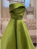 Classy A Line Spaghetti Straps Bud Green Satin Beads Prom Dresses Evening Dress HZ1024
