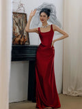 Simple A-line Square Neckline Satin Red Long Evening Dress Prom Dress HZ1024