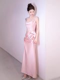 Simple A-line Spaghetti Straps Satin Pink Long Evening Dress Prom Dress HZ1024