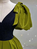 Elegant Ball Gown V Neckline Olive Green Satin Long Prom Dress Evening Dresses HZ1024