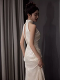 Vintage Mermaid White High Neckline Long Prom Dresses HZ1024